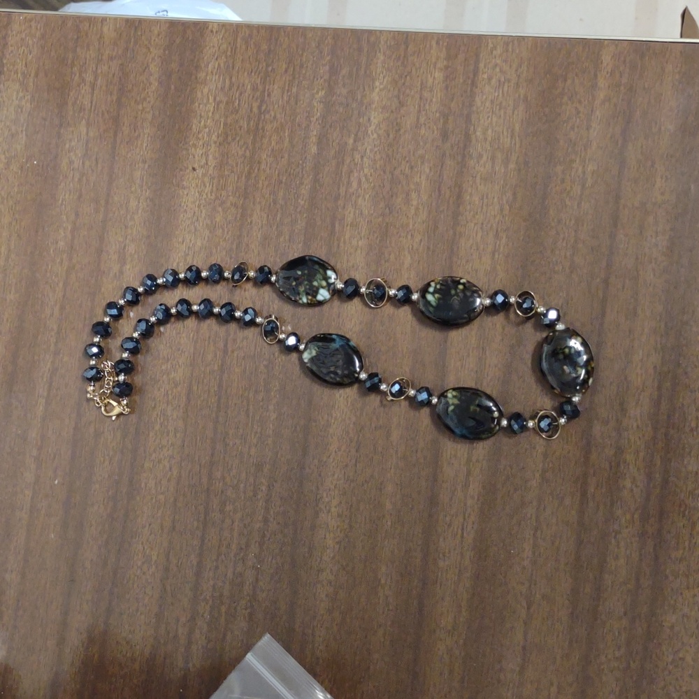 Vintage Glass Black/Bluish and Gold Necklace - Picture 3 of 4